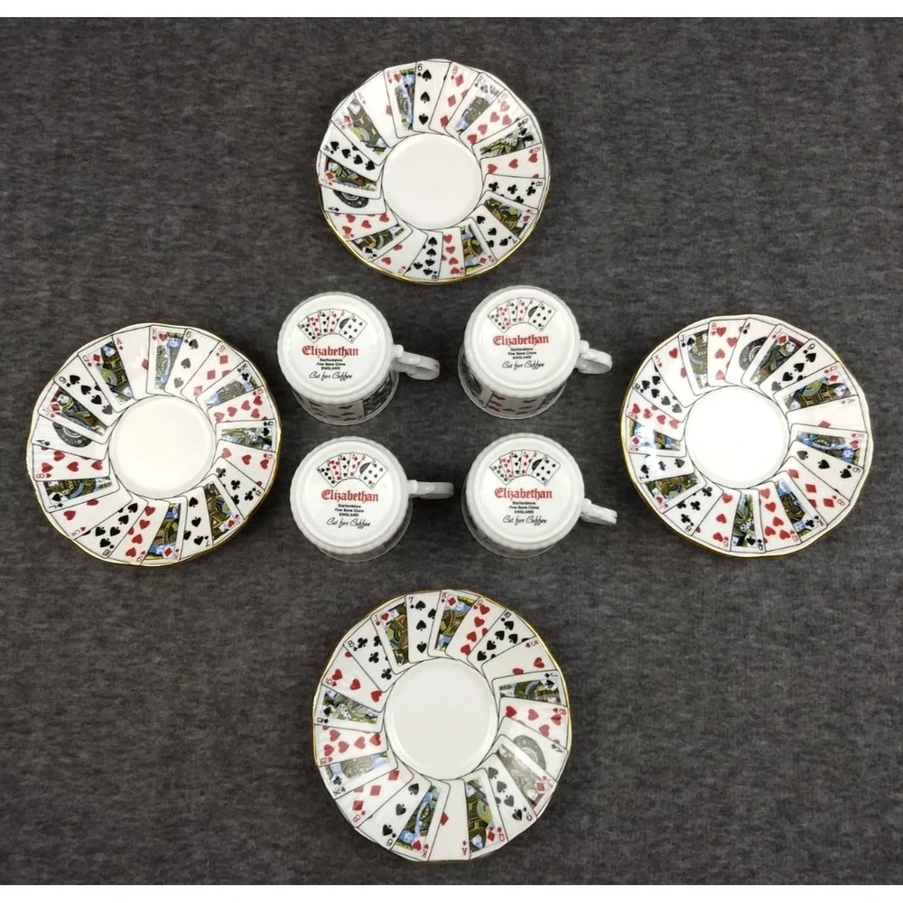 Elizabethan Playing Cards‎ Demitasse Cup & Saucer Set/4 Cut for Coffee England